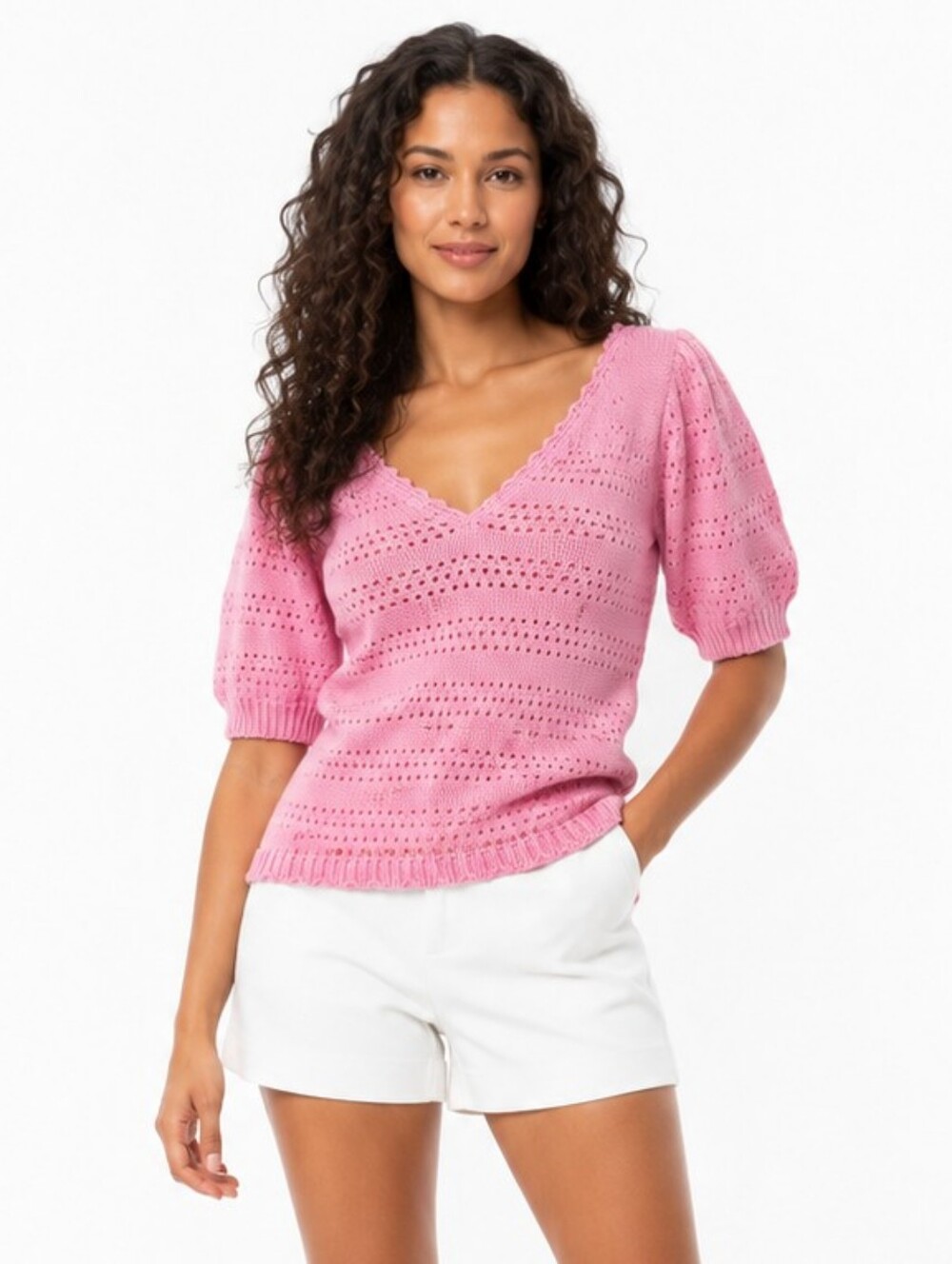 Lush Pink Crochet-Trim V-Neck Knit Top